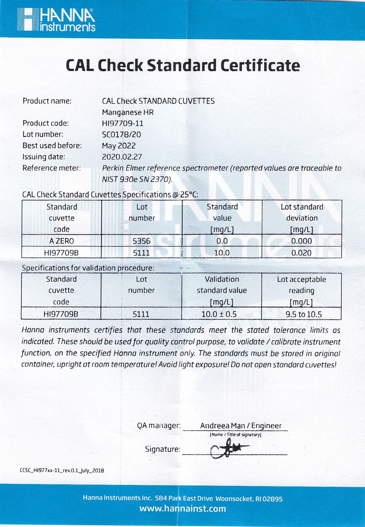Dung Dịch CAL Check™ Chuẩn Mangan HR Dùng Cho Máy Đo Quang 